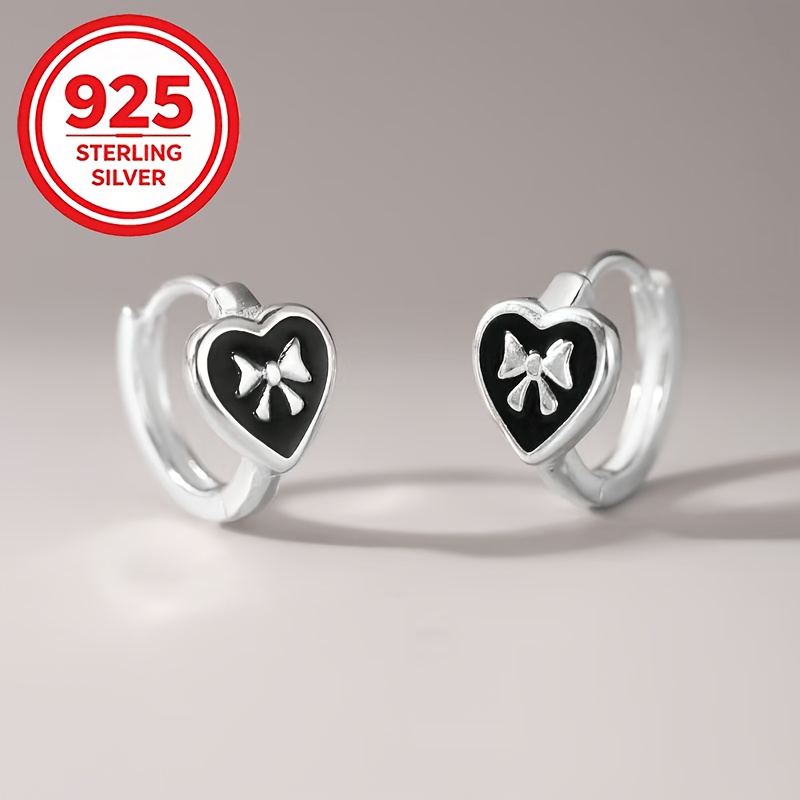 Women's 925 Sterling Silver Black Epoxy Heart Butterfly Pendant Earrings
